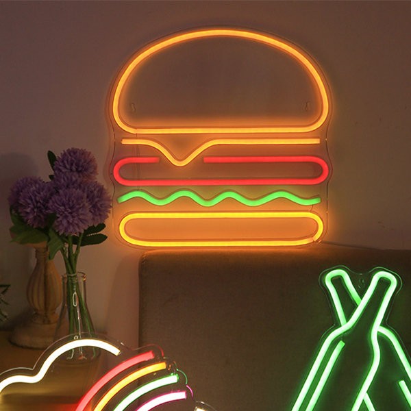 comhartha neoin faoi stiúir glowing ar an mballa - hamburger